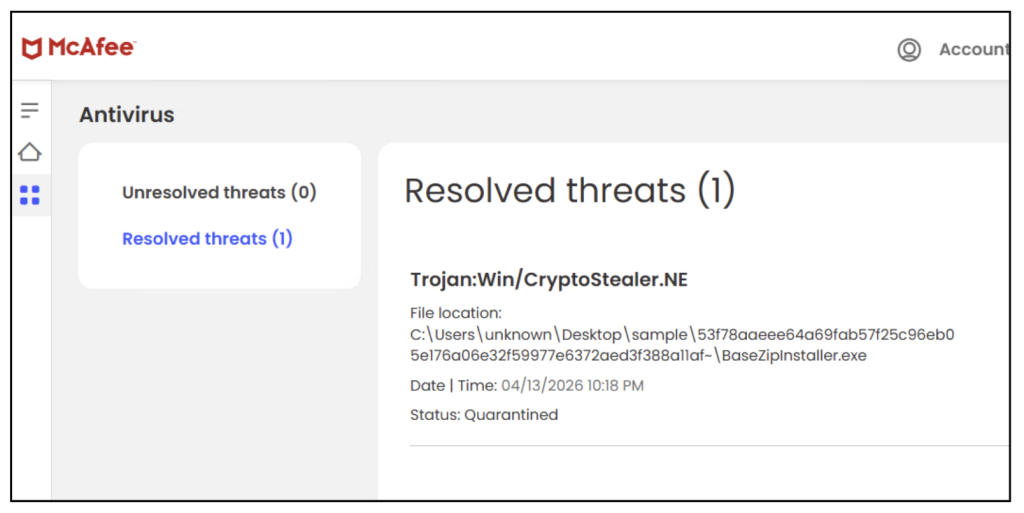 Figure 2. This image shows McAfee Antivirus blocking this threat for consumers. 